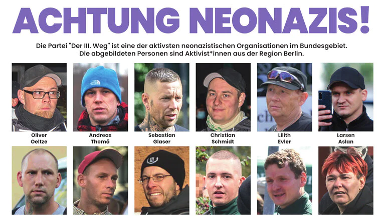 Mehrere Portraits von Personen unter der Überschrift "Achtung Neonazis!"