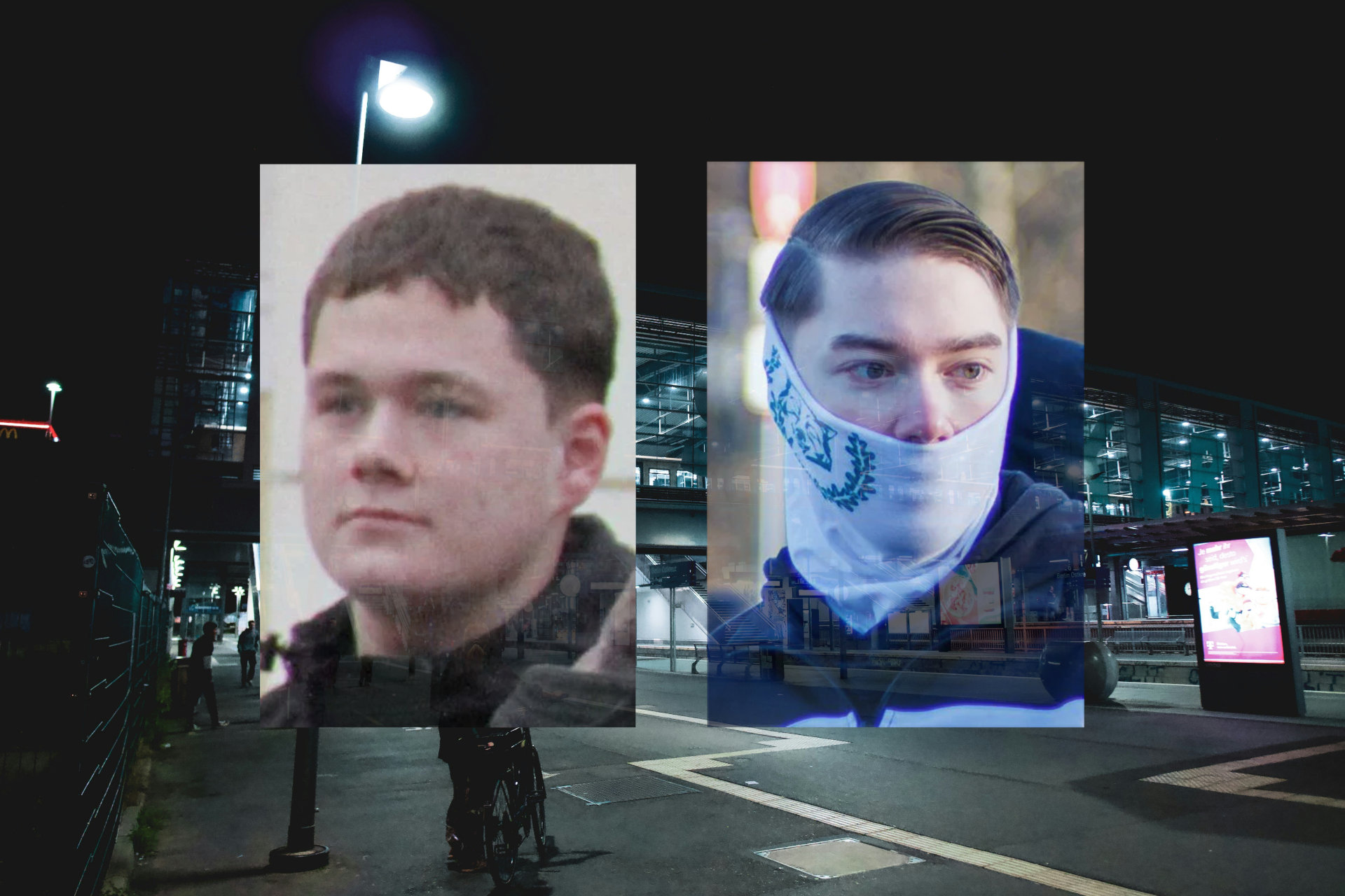 Portraits zweier Personen vor einem Bild des Bahnhof Ostkreuz bei Nacht.