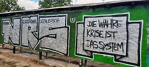 NRJ Grafitti an einer Wand. Dazu der Text "Die Wahre Krise ist das System. National, Revolutionär. Sozialistisch".